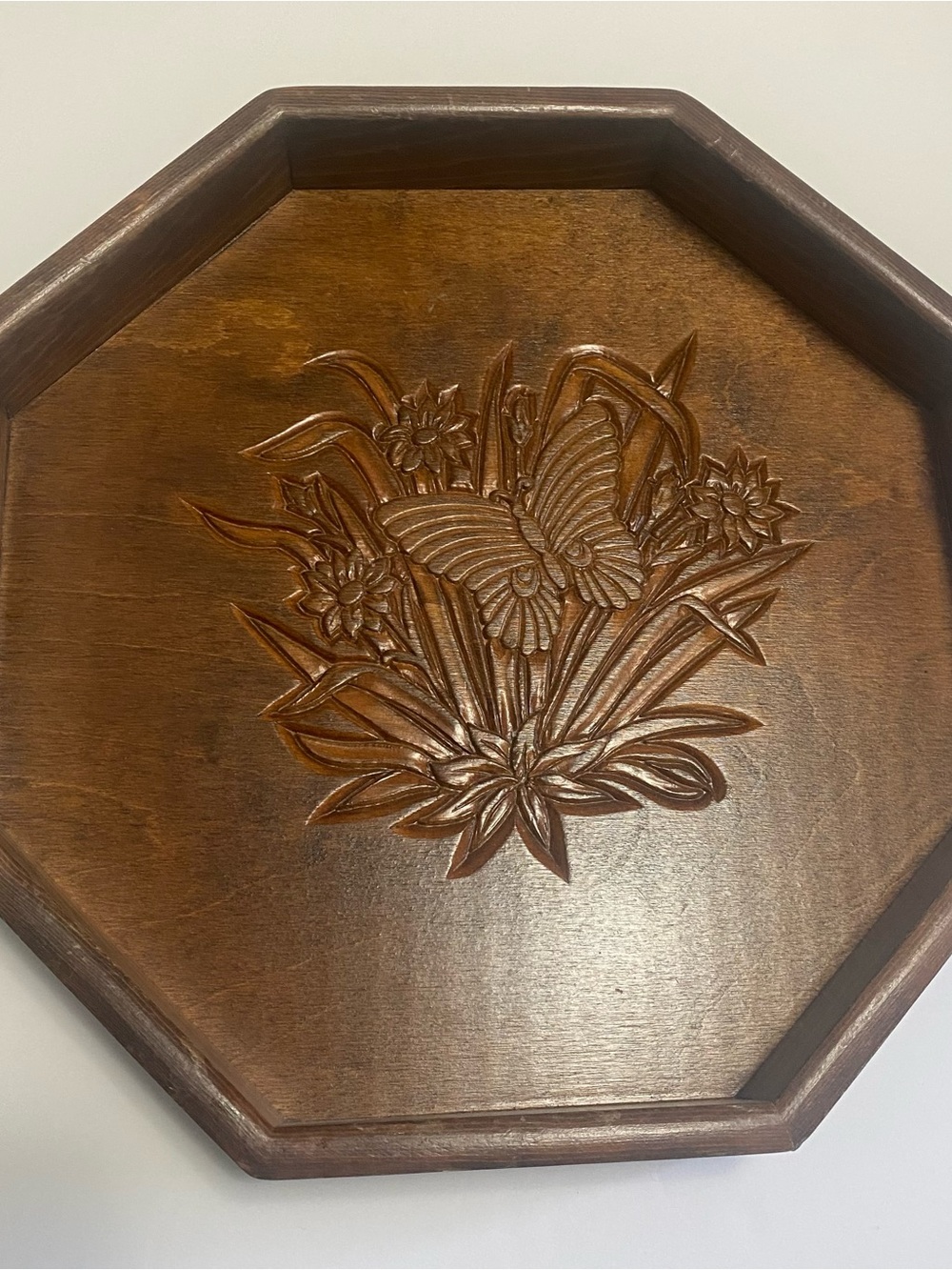 Vintage Wood Mid-Century Butterflies Flower Octagon Tray with Handles Leaves